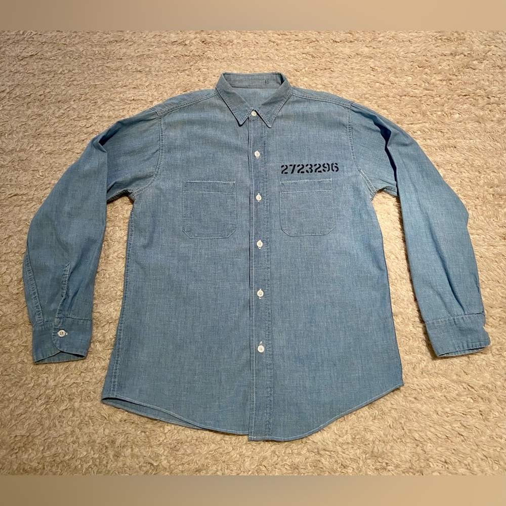 Vintage Men’s 40s 50s Prison Chambray Shirt Jail Workwear Denim Jeans Jacket